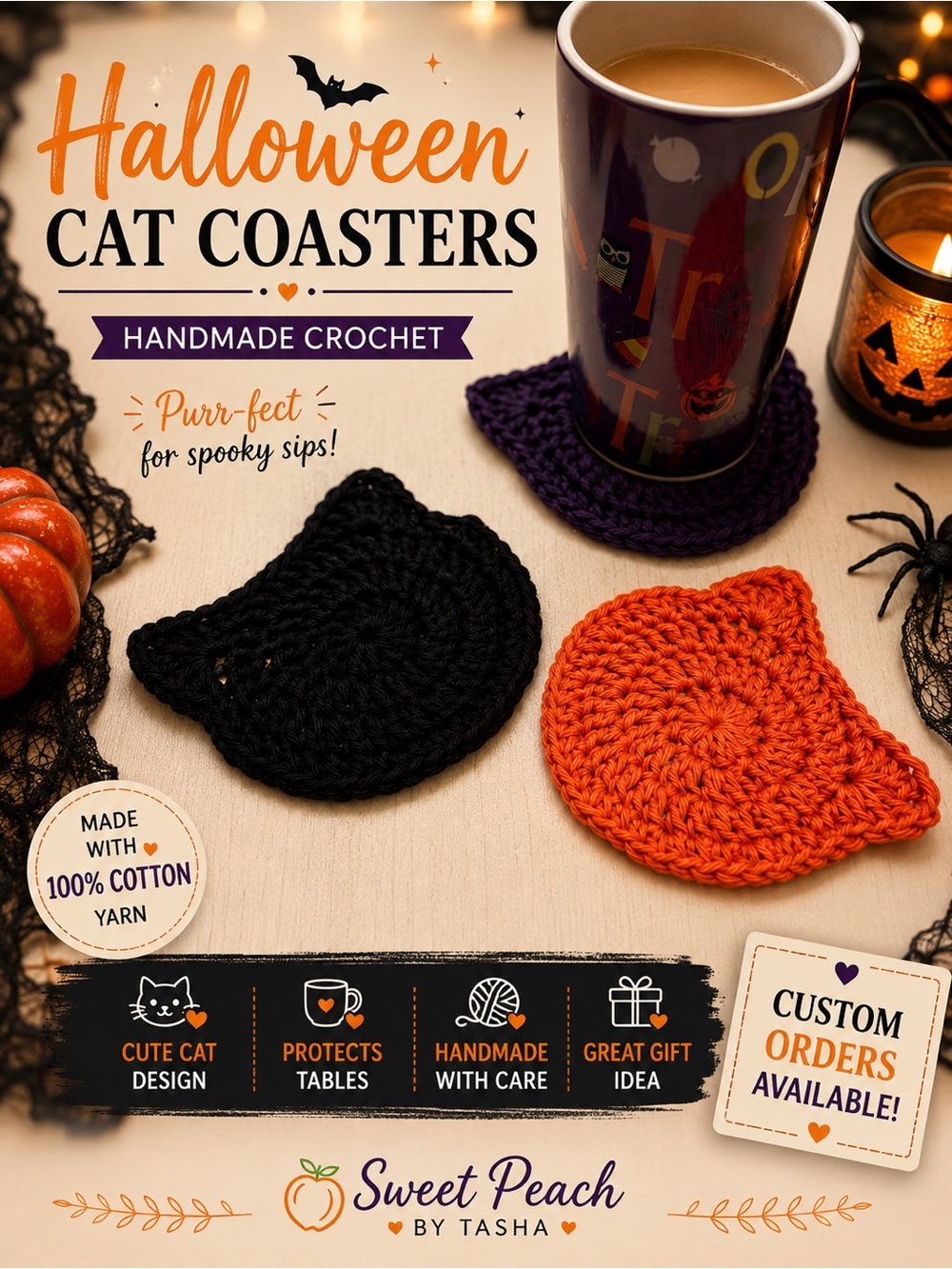 Halloween Cat Coasters Set - Black, Orange & Purple Crochet Set